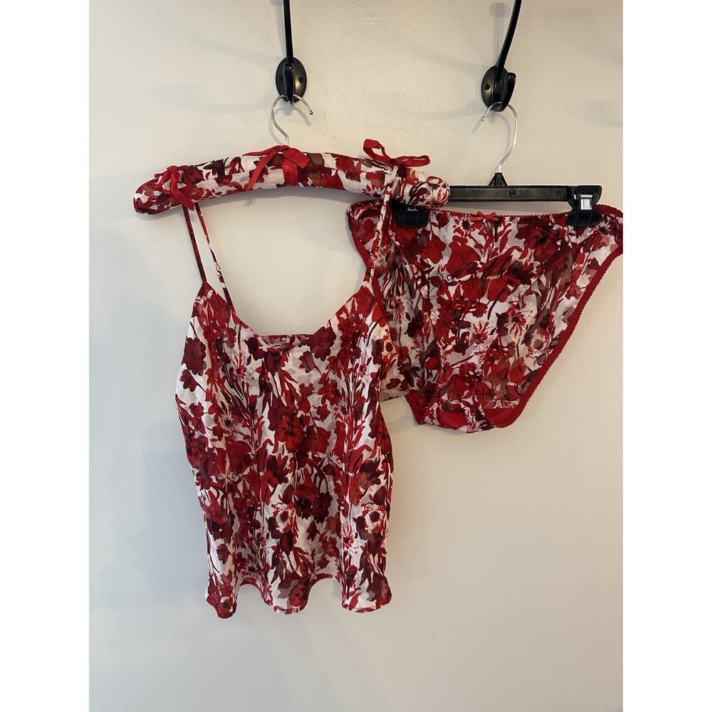 Vintage Silkscreen 100% Silk Camisole Set Size Large Red Floral W/ Hanger
